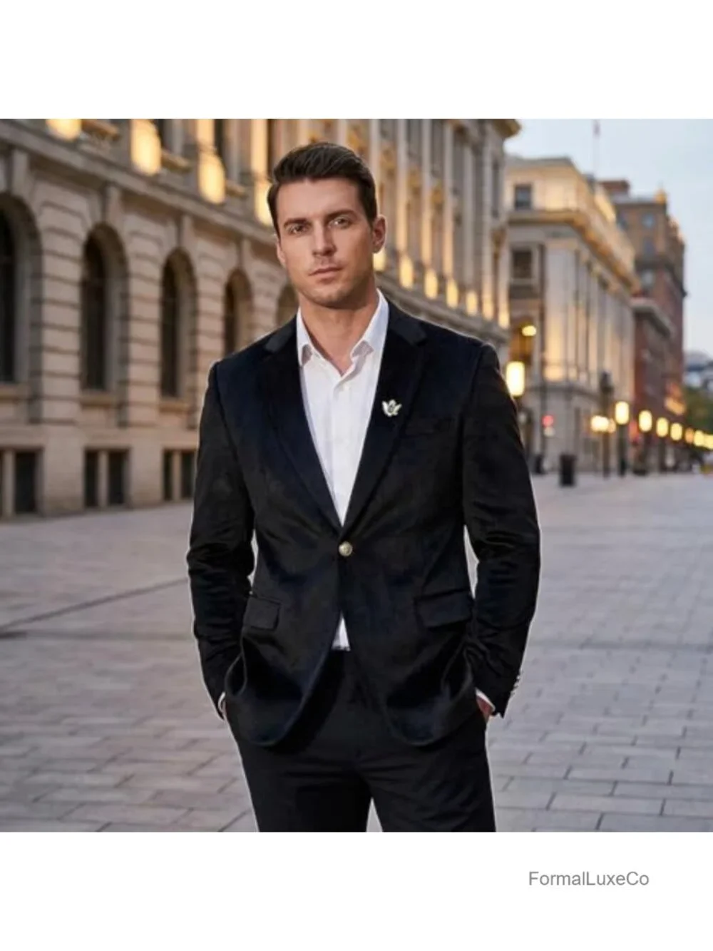 Men's Velvet Blazer Tuxedo Jacket with Brooch Slim Fit Sport Coat